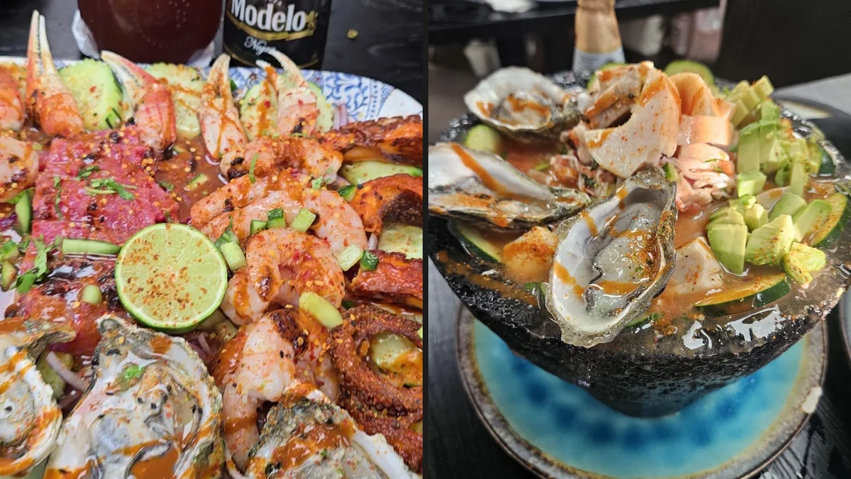Mexican seafood dishes on simple tableware.