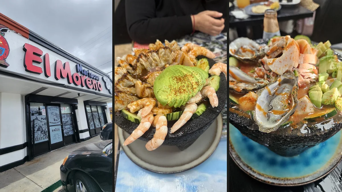 Seafood plates in a casual dining room.