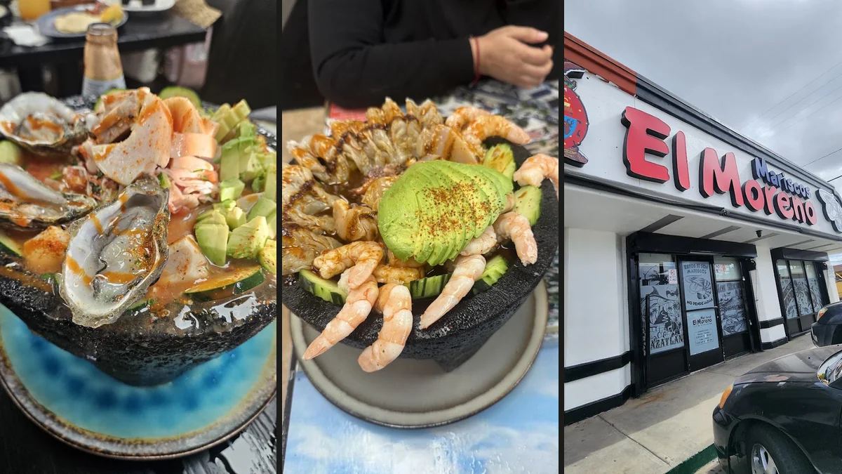 Mexican seafood dishes on simple tableware.