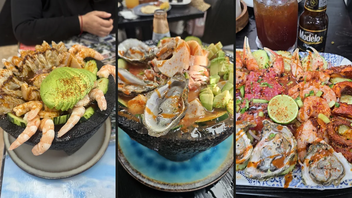 Seafood plates in a casual dining room.