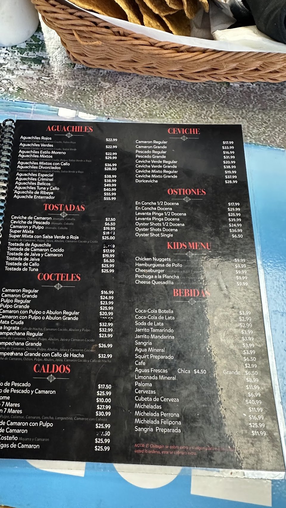 Menu page listing shrimp, filets, and drinks.