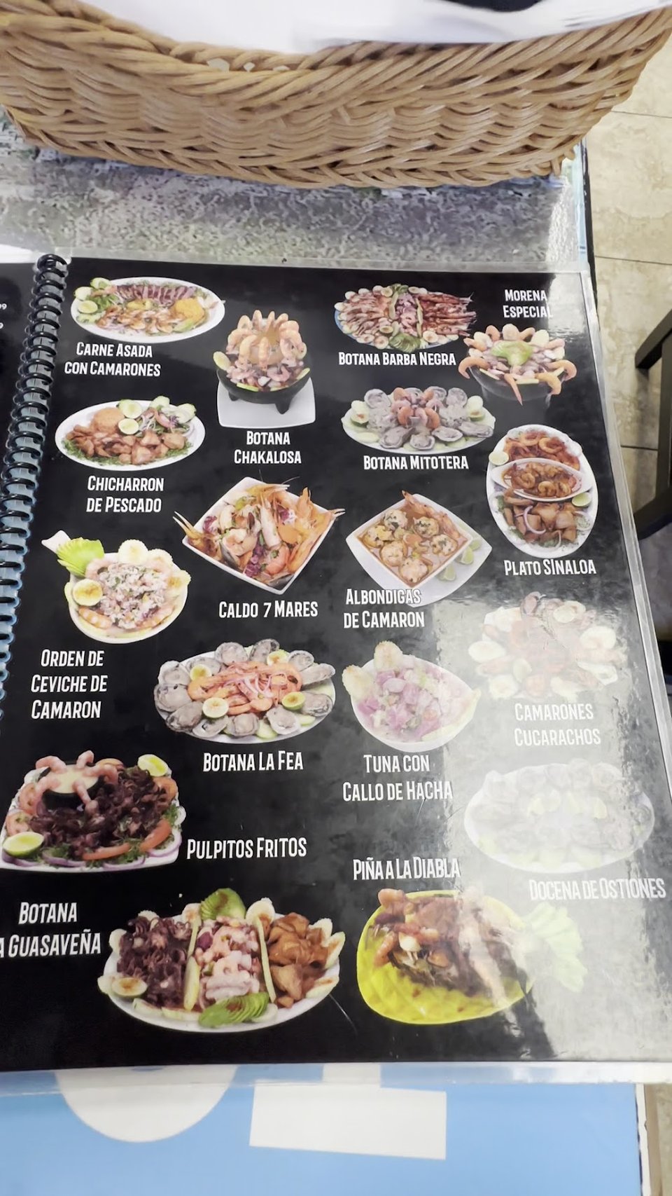 Mexican seafood categories on a restaurant menu.
